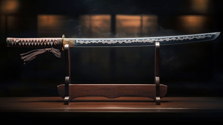 A samurai sword with an ornate handle, its blade gleaming under soft lighting, resting on a display stand.の素材