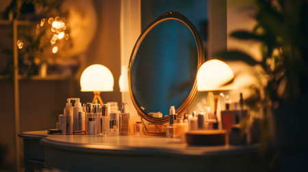 A mirror on a vanity table, surrounded by soft lighting and beauty products, creating a luxurious atmosphere.の素材