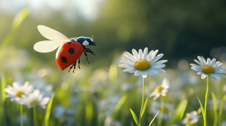 A ladybug wings unfolding as it prepares to fly from a daisy in a spring meadow.の素材