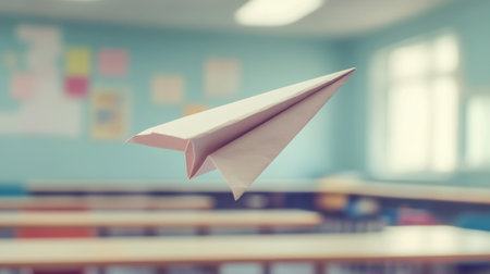 A paper airplane in mid-flight, with its wings sharply folded, sailing through a classroom.の素材