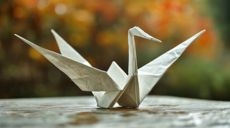 A paper crane with folded wings, beautifully crafted and sitting on a wooden table.の素材