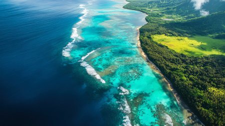 A stunning aerial view of a tropical coastline, with crystal-clear water and vibrant coral reefs.の素材