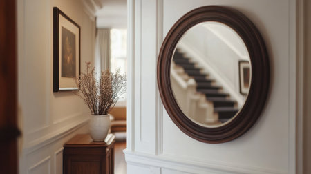 A mirror in a hallway reflecting artwork and a staircase, adding depth to the hoe interior.の素材