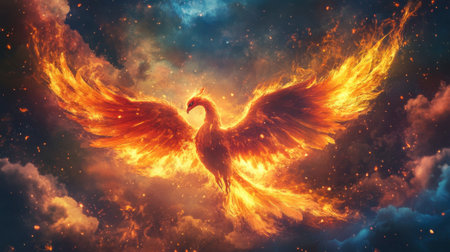 A phoenix rising with flaming wings, depicted in a vibrant illustration against a dark sky.の素材