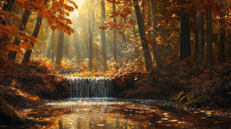 A serene forest scene with a babbling brook, dappled sunlight, and vibrant autumn foliage.の素材