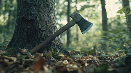 A shot of an axe blade embedded in a tree trunk after a powerful swing in a forest clearing.の素材