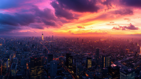 A stunning panoramic view of a cityscape at dusk, with the sky painted in hues of orange and purple.の素材