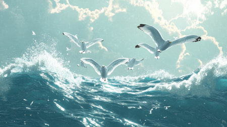 A group of seagulls with wings outstretched, gliding above the ocean waves on a windy day.の素材