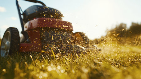 A lawnmower spinning blades cutting through tall grass, sending clippings flying into the air.の素材
