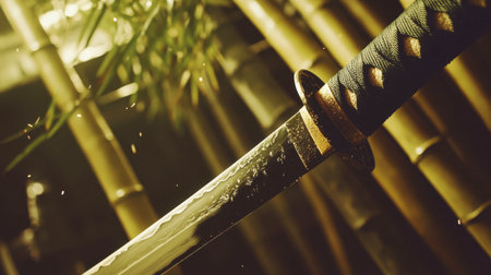 A shot of a katana sword's blade in action, slicing cleanly through a bamboo stalk in a dojo.の素材