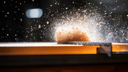 A table saw blade slicing through a wooden plank, with sawdust flying in all directions.の素材