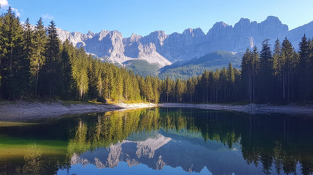 A picturesque mountain lake surrounded by pine trees, with a reflection of the mountains in the still water.の素材