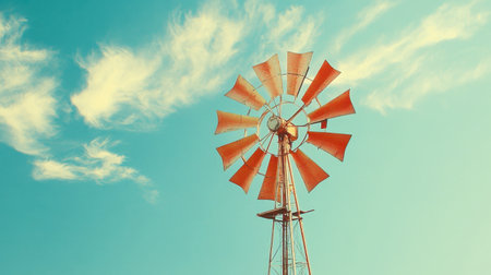 A windmill's large blade slowly rotating against the backdrop of a bright blue sky.の素材