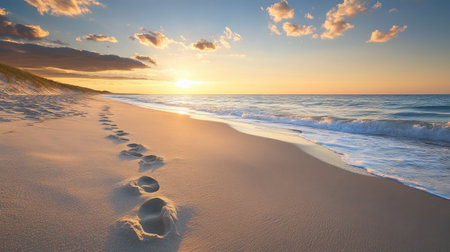 A serene beach at sunset, with the sky reflecting in the gentle waves and footprints in the sand.の素材