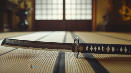 A katana sword with a beautifully polished blade, laid out on a traditional tatami mat.の素材