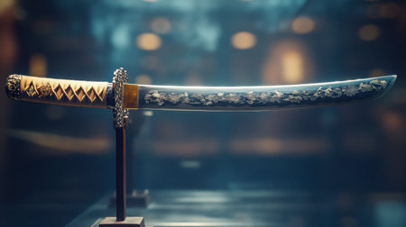 A samurai sword with an ornate handle, its blade gleaming under soft lighting, resting on a display stand.の素材