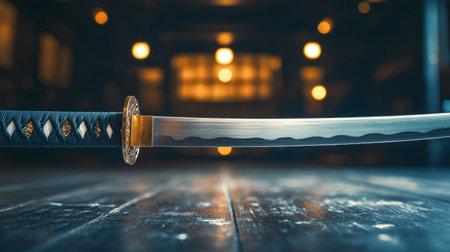 A samurai sword with a gleaming blade, ready for a martial arts demonstration in a dojo.の素材