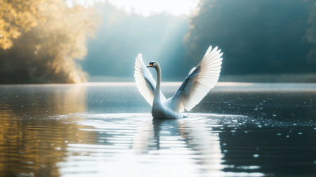 A swan flapping its wings on a serene lake, creating ripples in the water.の素材