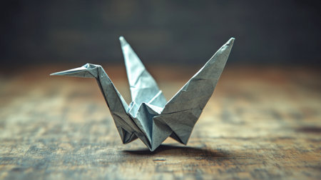 A paper crane with folded wings, beautifully crafted and sitting on a wooden table.の素材