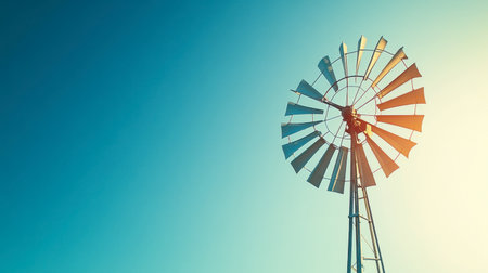 A windmill's large blade slowly rotating against the backdrop of a bright blue sky.の素材