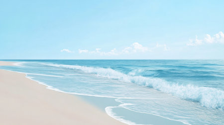 A serene beach scene with light blue waves gently lapping against the sandy shore under a clear sky.の素材