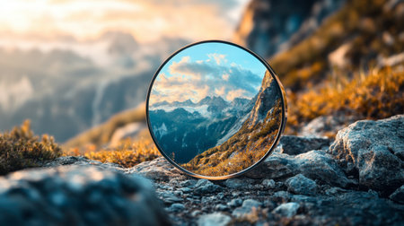 A close-up of a mirror reflecting a scenic mountain landscape, combining nature with reflection.の素材