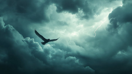 A bird flying across a stormy sky, with dark clouds and a hint of lightning in the distance.の素材