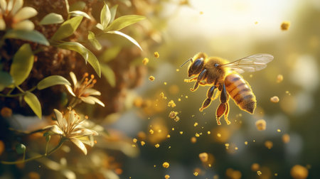 A bee flying towards a hive, loaded with pollen collected from nearby flowers.の素材