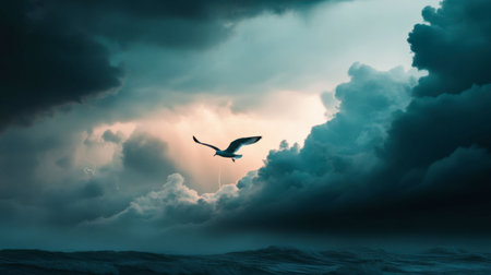 A bird flying across a stormy sky, with dark clouds and a hint of lightning in the distance.の素材