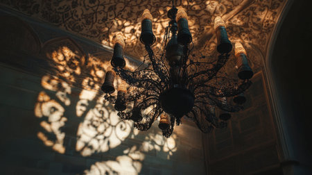 A chandelier hanging from the casting intricate shadows on the walls.の素材