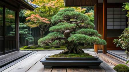 A bonsai tree carefully pruned and shaped, sitting in a traditional Japanese garden.の素材