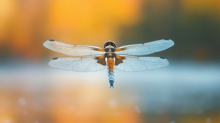 A close-up of a dragonfly wings, captured in mid-flight above a calm lake.の素材