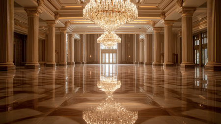 A chandelier in a grand hall, its light reflecting off polished marble floors.の素材