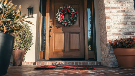 A close-up of a front door of a house, with a welcome mat, potted plants, and a festive wreath.の素材