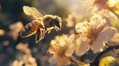 A close-up of a bee flying towards a blooming flower, its wings a blur of motion.の素材