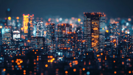 A city skyline at night, with buildings illuminated by countless lights.の素材