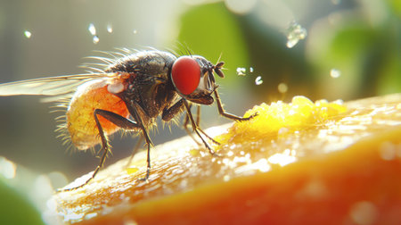 A close-up of a fly buzzing around a piece of fruit in a kitchen.の素材