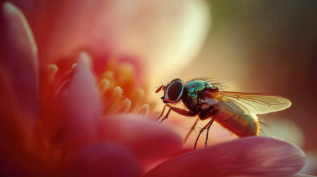 A close-up of a fly perched on a flower petal, its wings catching the light.の素材