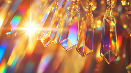 A close-up of a crystal chandelier with light reflecting through the prisms, creating rainbows.の素材