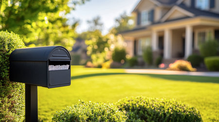 A close-up of a house's mailbox, with letters sticking out and a neatly trimmed lawn in the background.の素材