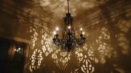 A chandelier hanging from the casting intricate shadows on the walls.の素材