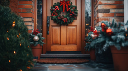 A close-up of a front door of a house, with a welcome mat, potted plants, and a festive wreath.の素材