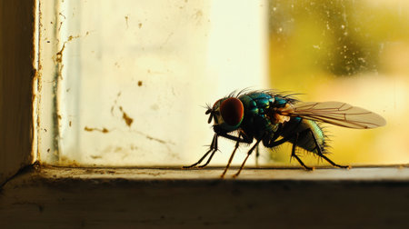 A close-up of a fly on a windowsill, captured in fine detail against the light.の素材