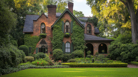 A charming, old-fashioned brick house with ivy climbing the walls and a well-kept garden in front.の素材
