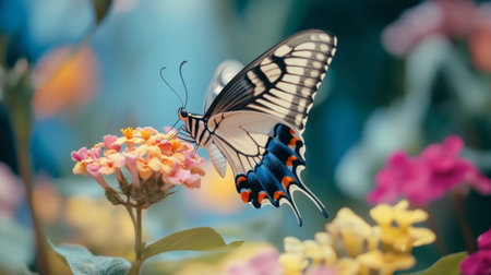 A close-up of a butterfly taking flight from a vibrant flower in a summer garden.の素材