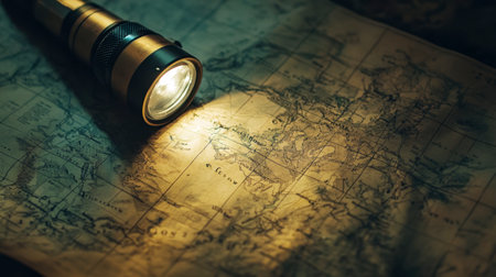 A close-up of a flashlight shining on an old map, with details illuminated in the dark.の素材