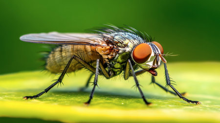 A close-up of a housefly resting on a leaf, with detailed focus on its wings and compound eyes.の素材