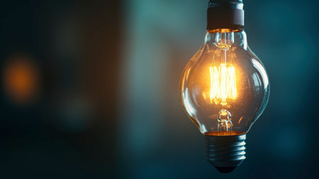 A close-up of a light bulb glowing in the dark, with filaments clearly visible.の素材
