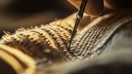 A close-up of a needle and thread working through a piece of cloth, focusing on the detailed stitching of a handmade garment.の素材