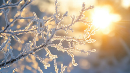 A close-up of a tree branches covered in frost, sparkling in the early morning sun.の素材